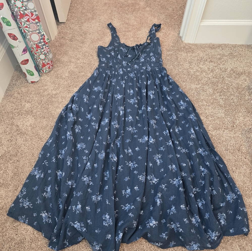 AE American Eagle Corset Floral Print Midi Fit & Flare Cotton Dress Blue Small